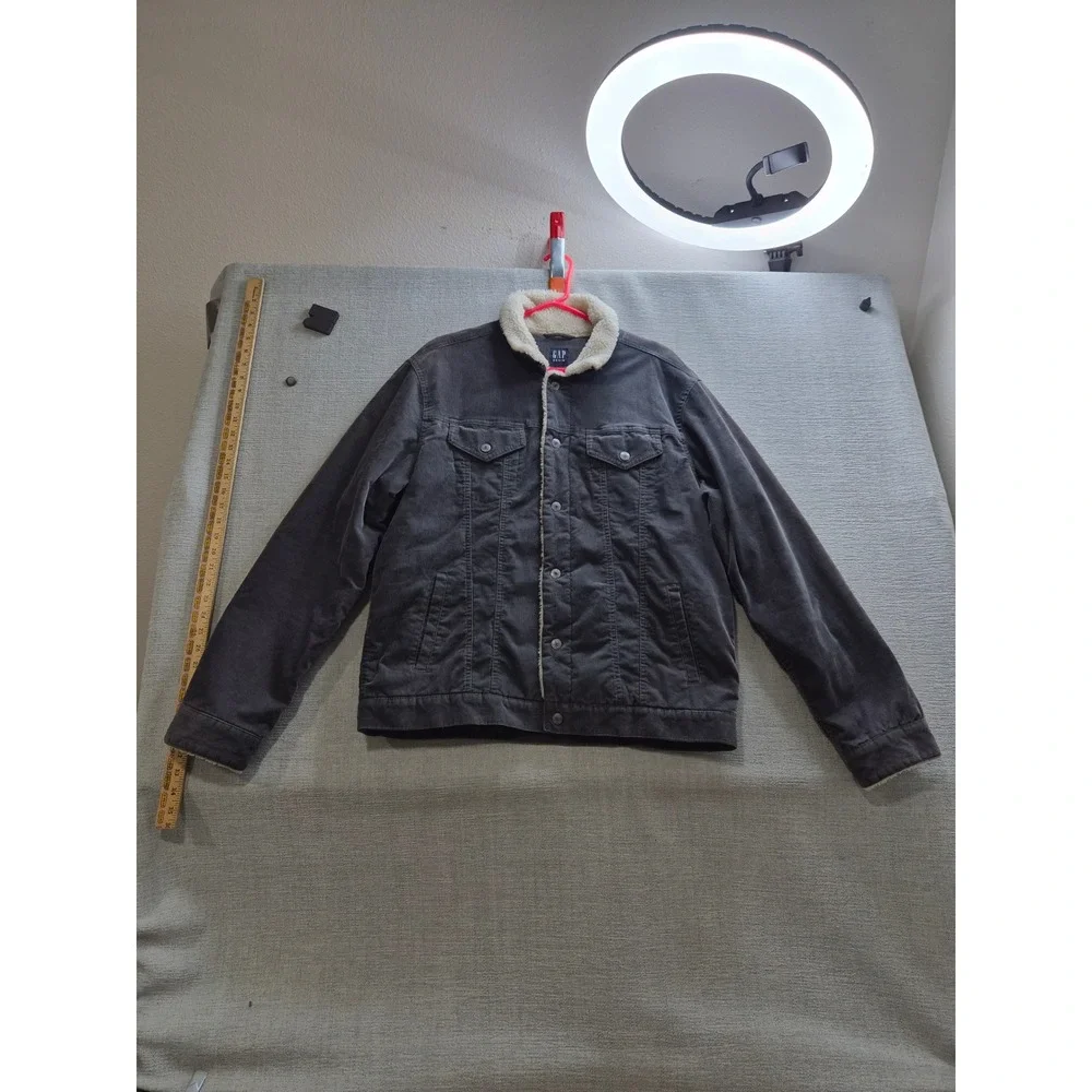 Gap for Good Corduroy Trucker Jacket Men Large Charcoal Gray Sherpa Lined Collar